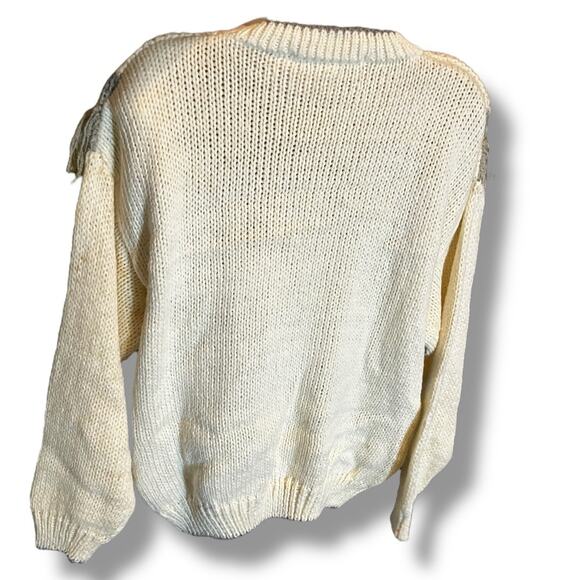 Vintage Huntington Ridge Hand Knit Fringe Sweater L Cream Gray Nordic Western - Picture 5 of 7
